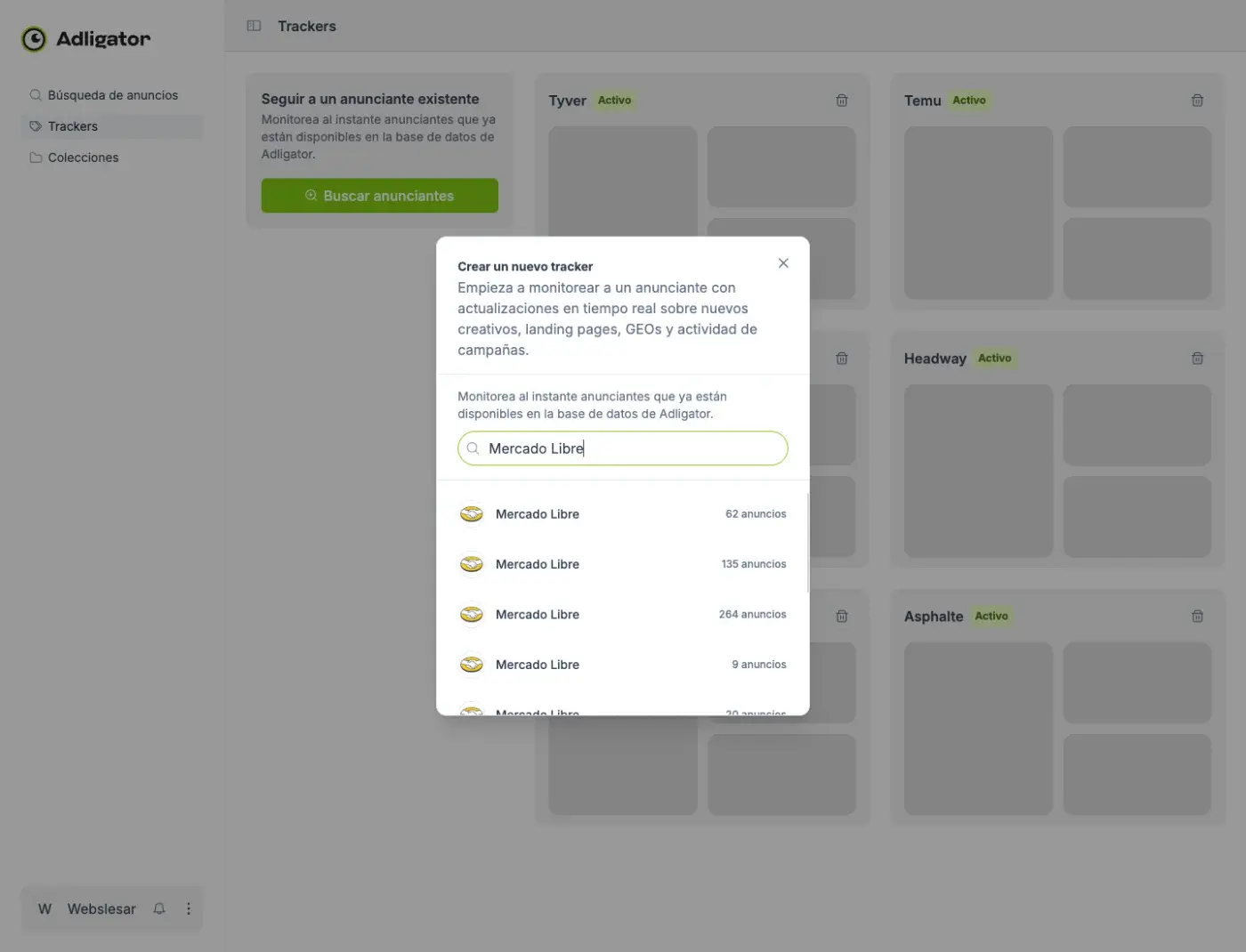 Modal de creación de tracker en Adligator mostrando ocho páginas de Facebook llamadas Mercado Libre con sus conteos de anuncios