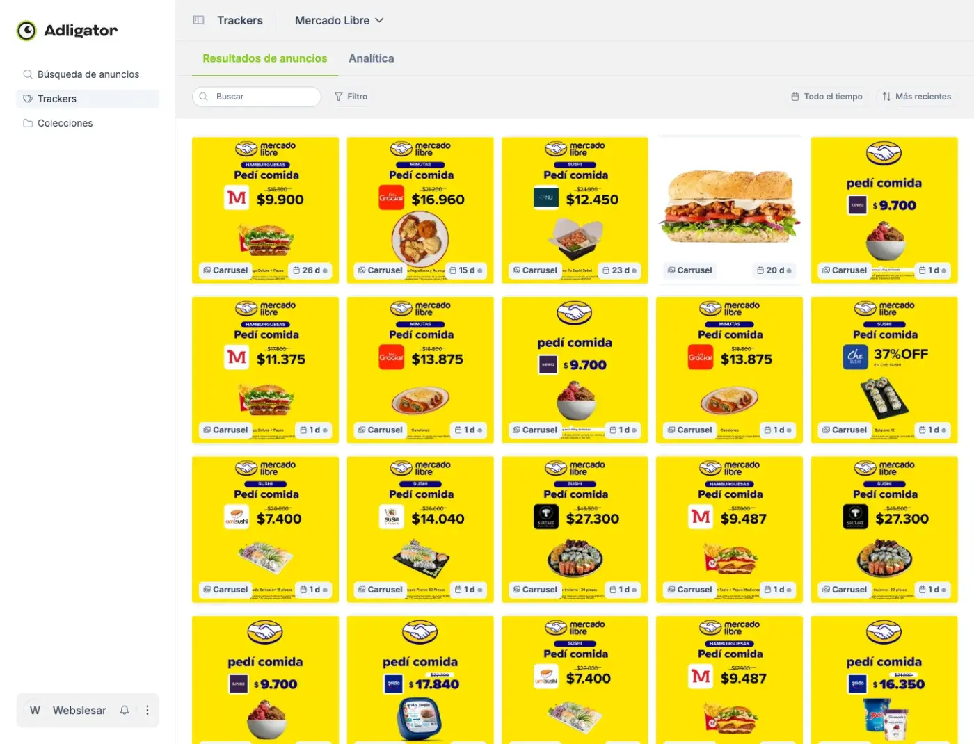 Resultados del tracker de Mercado Libre en Adligator con anuncios de catálogo de comida bajo el gancho Pedí comida
