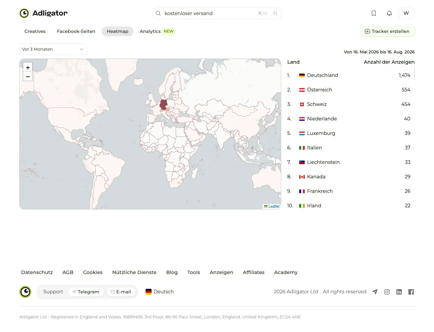 Adligator-Heatmap für das Keyword kostenloser Versand: Deutschland 1.474 Anzeigen, Österreich 554, Schweiz 454