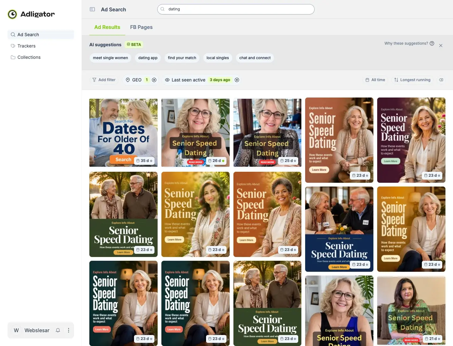 Adligator search results for 'dating' ads targeting South Africa sorted by longest running, dominated by senior speed dating advertorials