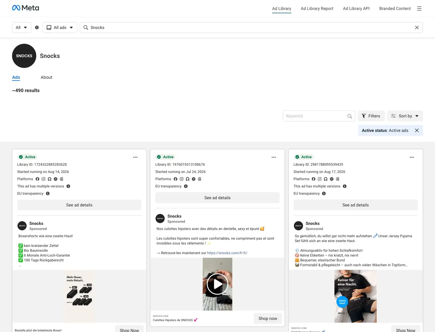 Meta Ad Library showing the Snocks page filtered to active ads with an approximate ~490 results count