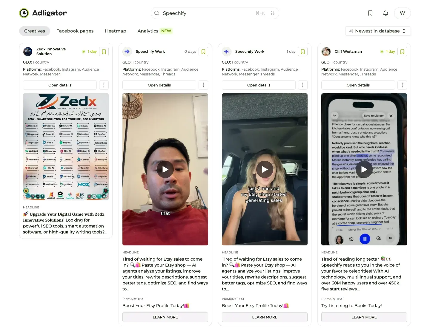 Adligator tracker feed showing fresh competitor creatives collected daily without any API maintenance