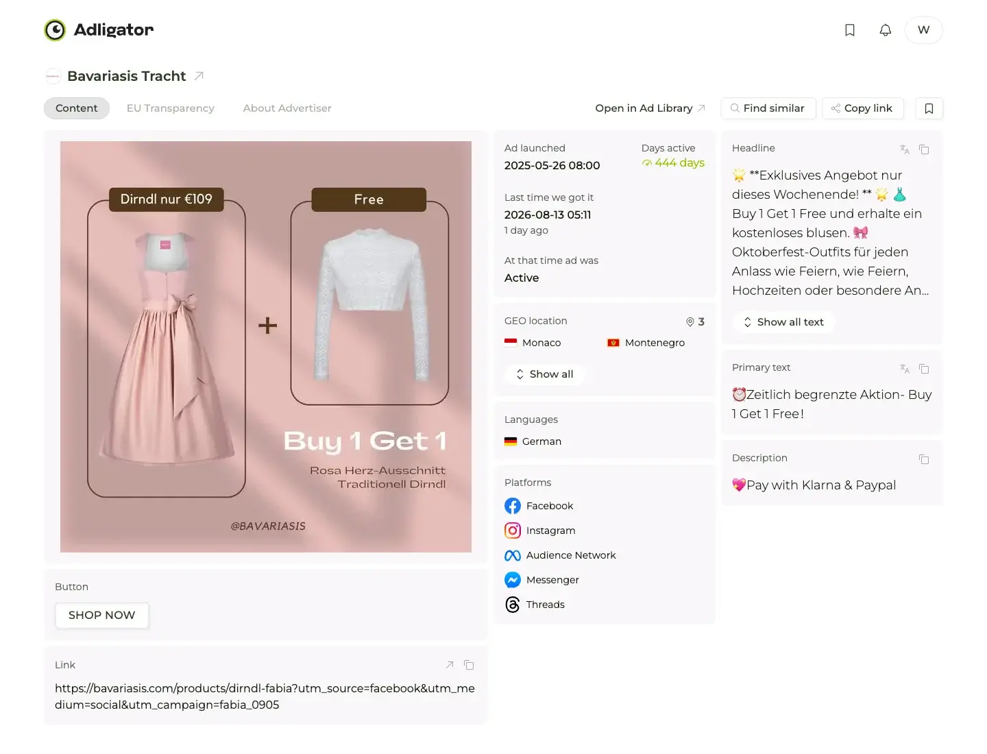 Adligator ad detail for a 444-day German dirndl ad listing Threads among its five Meta placements