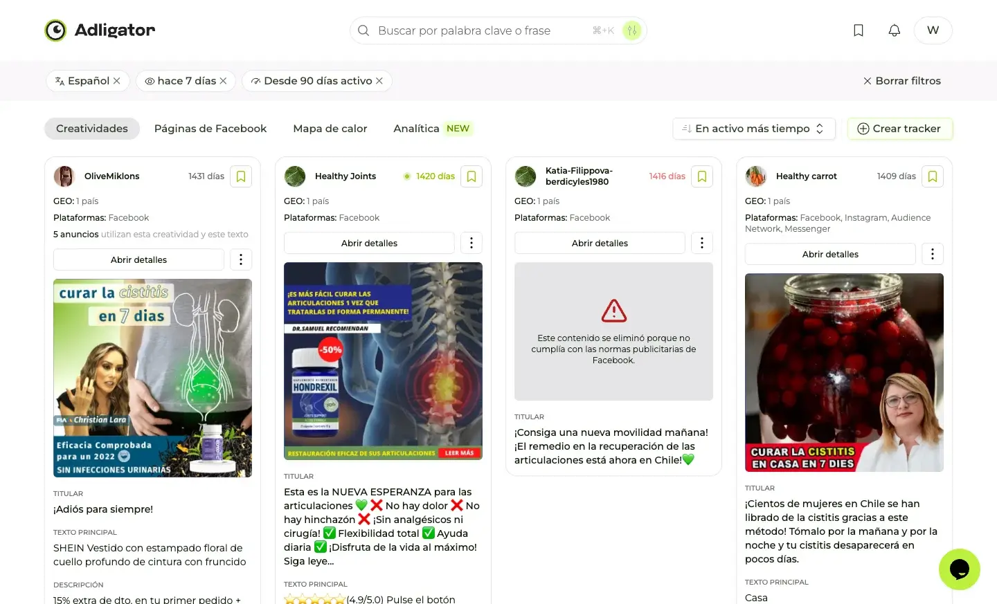 Resultados en Adligator filtrados por idioma español y 90+ días activo, ordenados por tiempo en activo