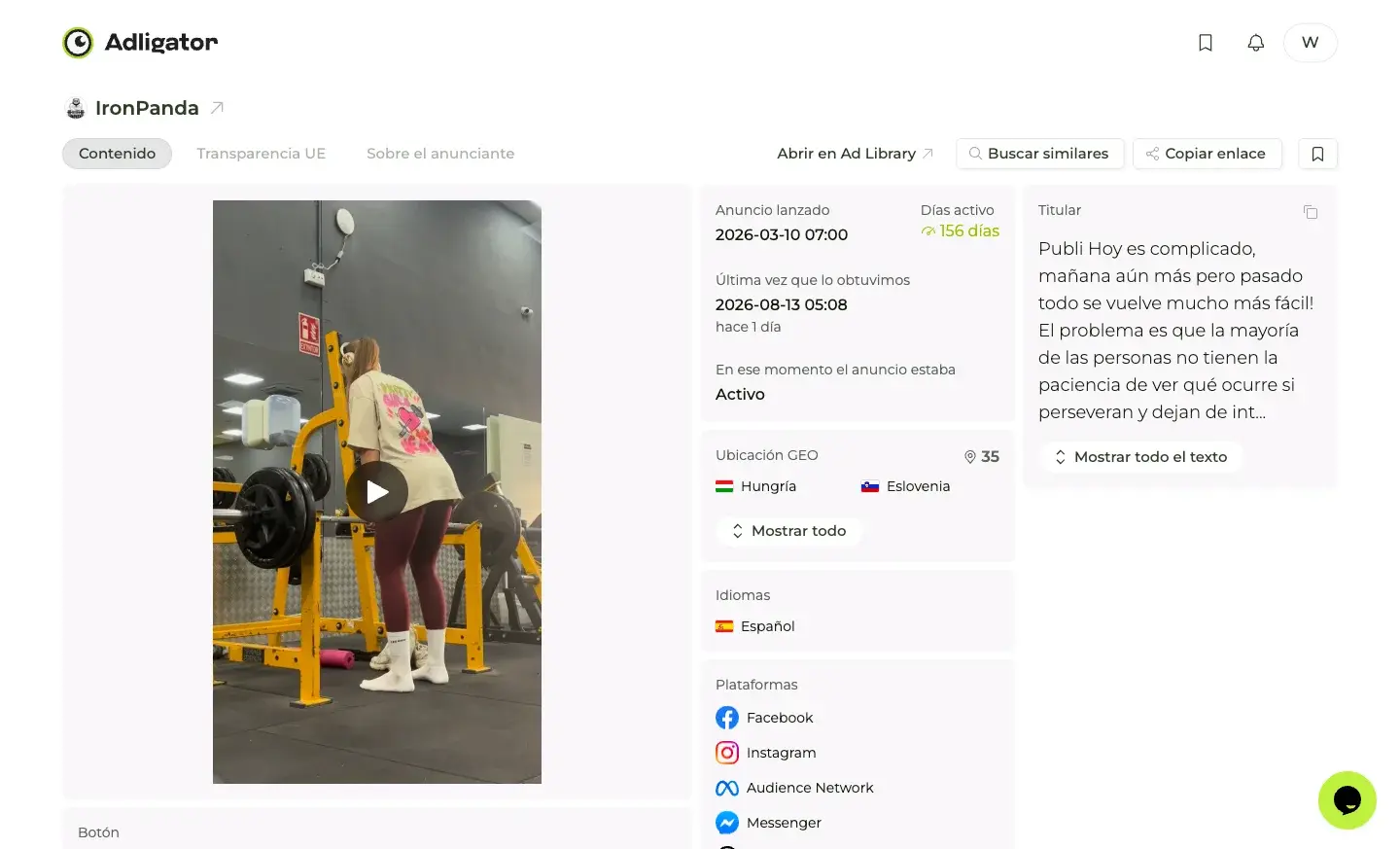 Detalle del anuncio de IronPanda con 156 días activo, 35 países y botón Shop Now