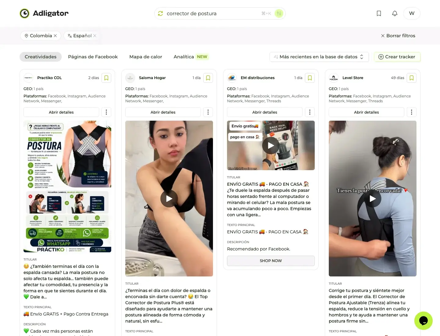Búsqueda de corrector de postura en Adligator filtrada por Colombia y español mostrando anuncios recientes con señales de pago contra entrega