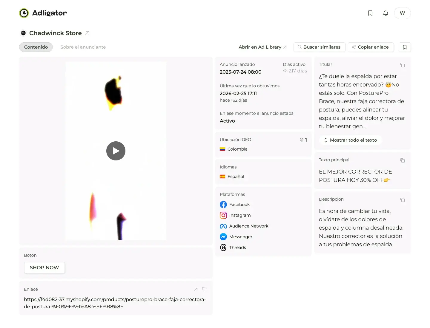 Detalle en Adligator del anuncio de corrector de postura de Chadwinck Store con 217 días activo, GEO Colombia y landing de Shopify