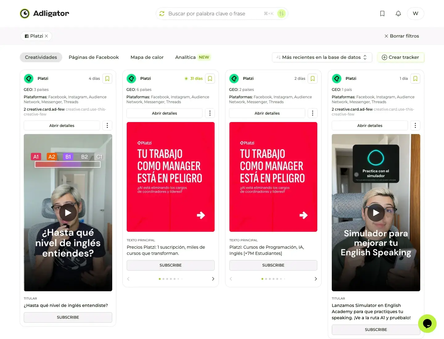 Resultados de Adligator con los anuncios activos de la página de Facebook de Platzi, mostrando días activos, países y plataformas