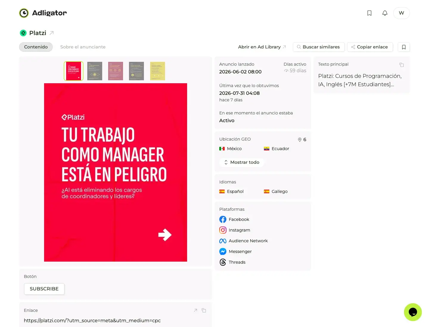 Detalle de un anuncio de Platzi en Adligator: 59 días activo, 6 países GEO, idioma español y todas las plataformas de Meta