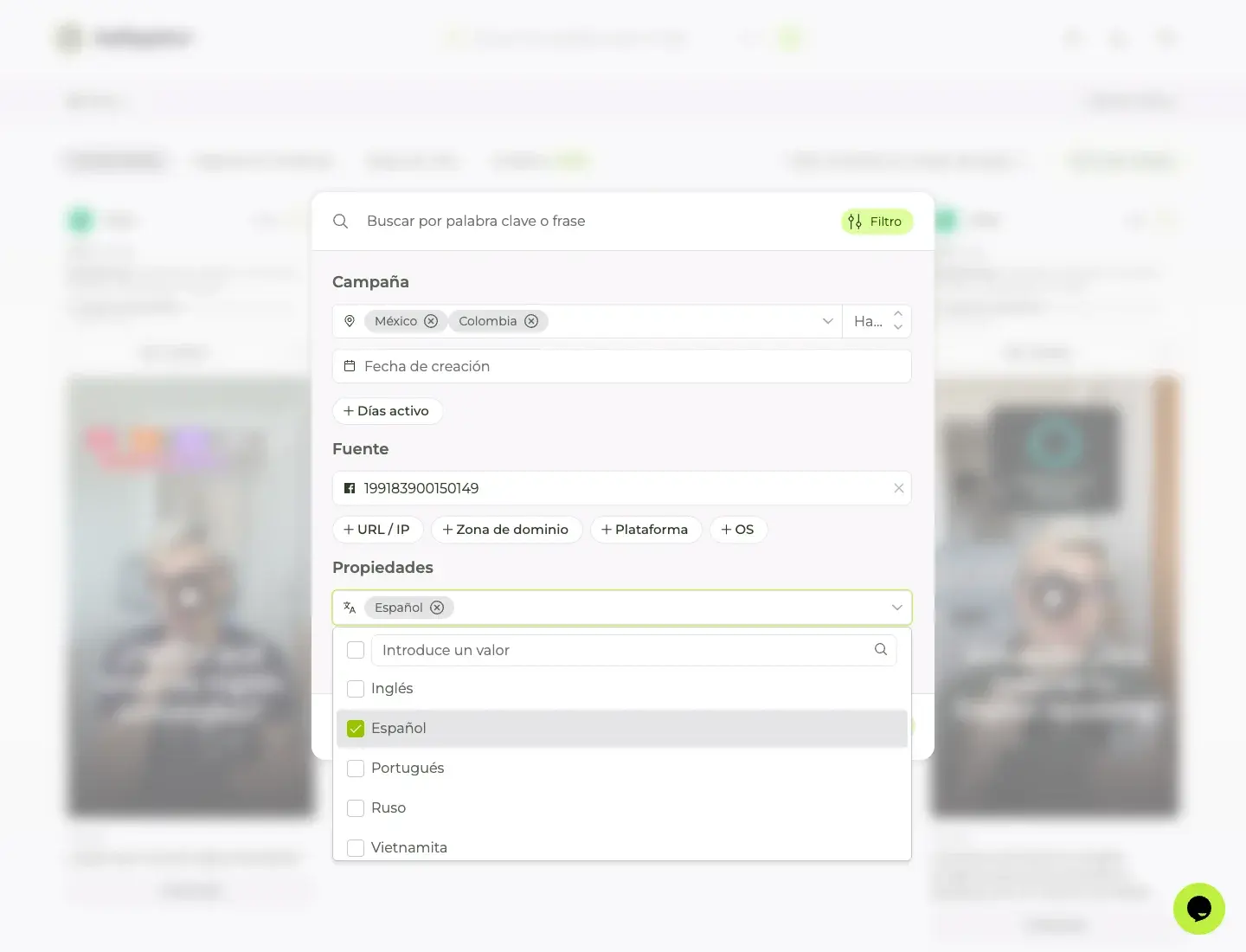 Panel de filtros de Adligator con México y Colombia seleccionados y el idioma Español marcado en el filtro de idioma del texto