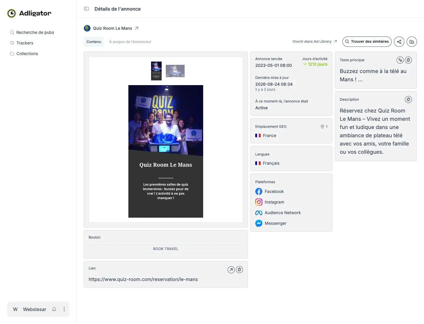 Fiche Adligator d'une annonce Quiz Room Le Mans active depuis 1 212 jours