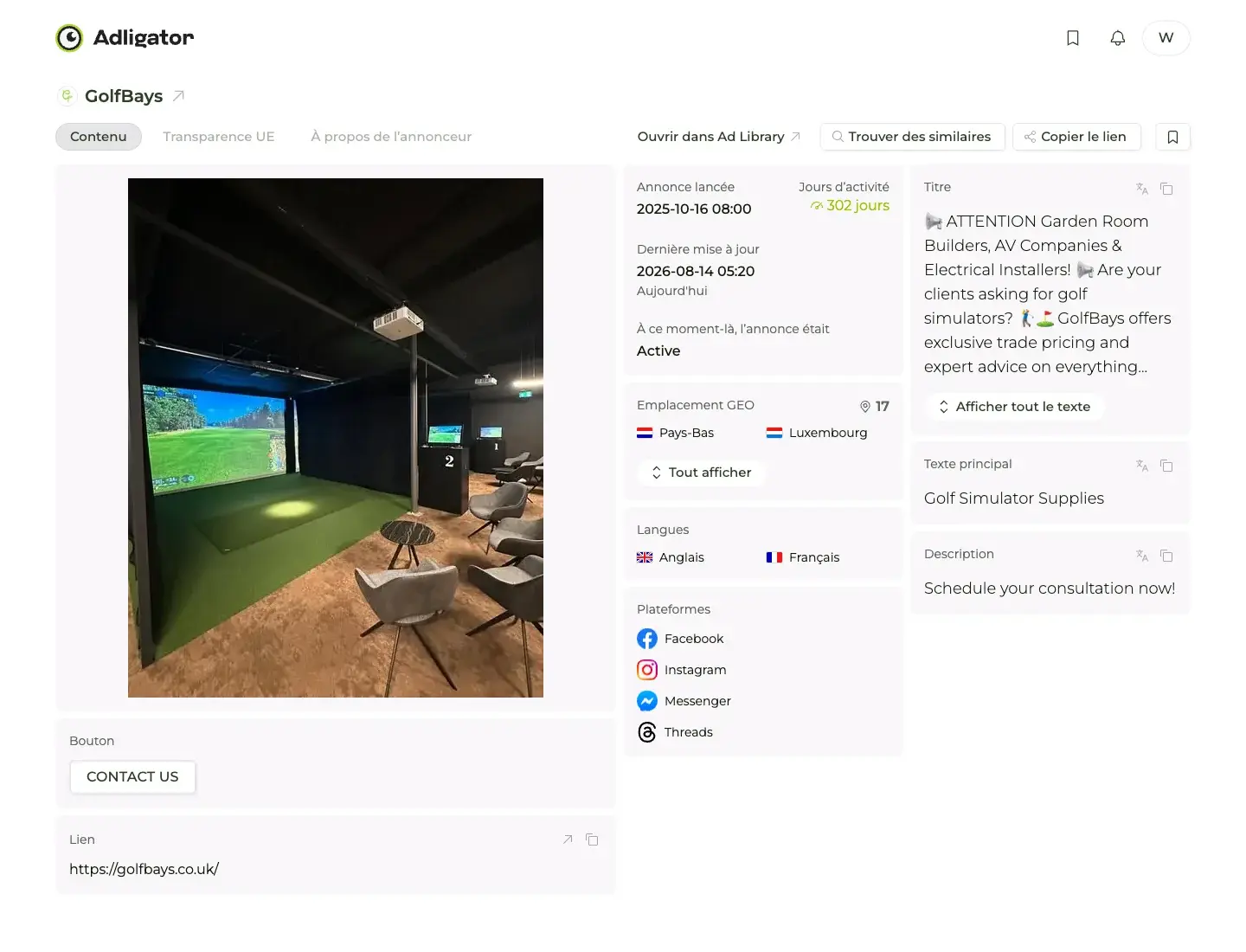 Fiche Adligator de la publicité GolfBays : 302 jours d'activité, ciblage B2B installateurs