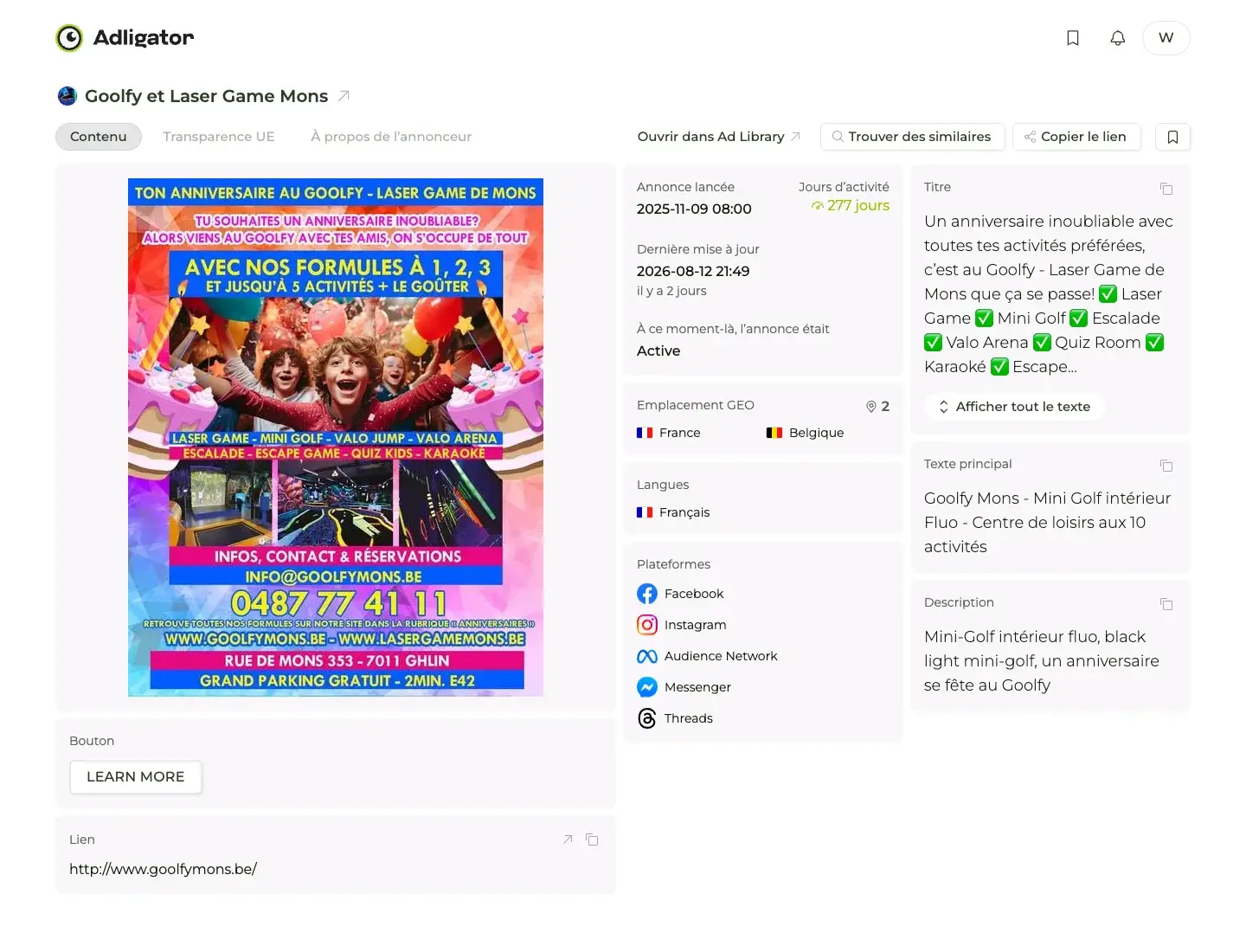 Fiche Adligator de la publicité Goolfy Laser Game Mons : 277 jours d'activité, liste d'activités à coches