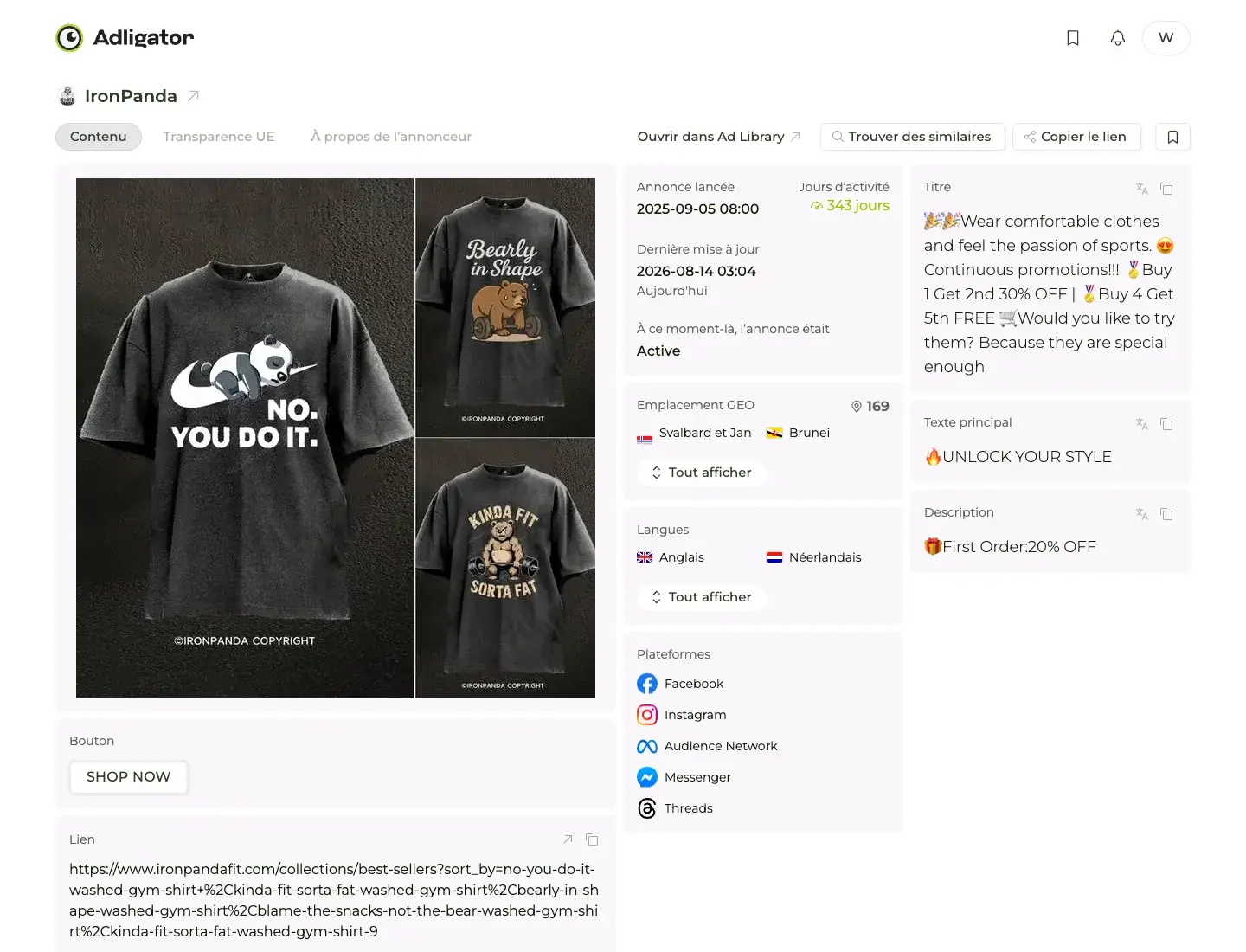 Fiche Adligator de la publicité IronPanda : 343 jours d'activité, offre à paliers sur t-shirts de sport
