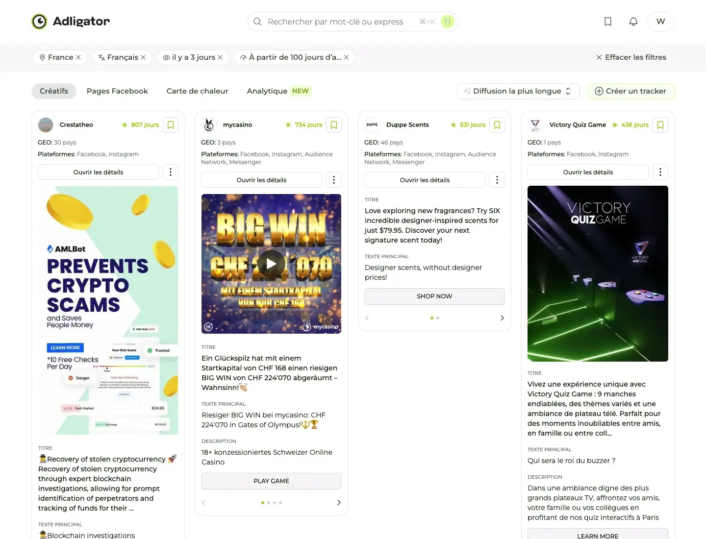 Résultats Adligator filtrés France, français, 100+ jours d'activité, triés par diffusion la plus longue