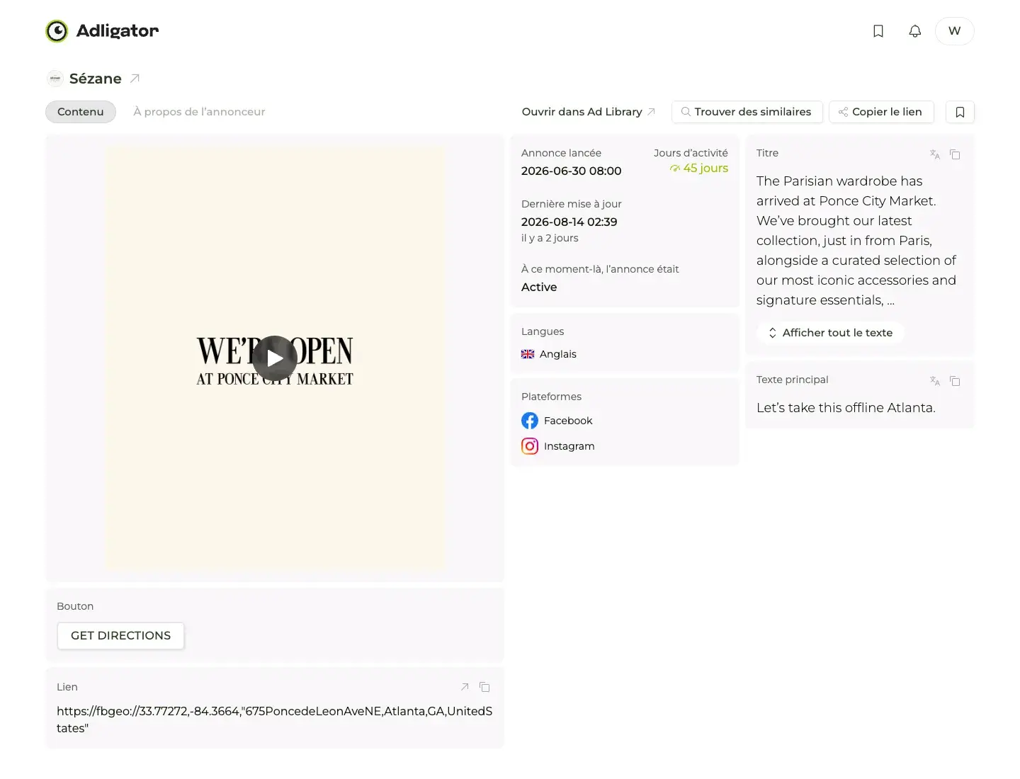 Fiche Adligator de la publicité vidéo Sézane pour l'ouverture d'Atlanta avec bouton Get Directions