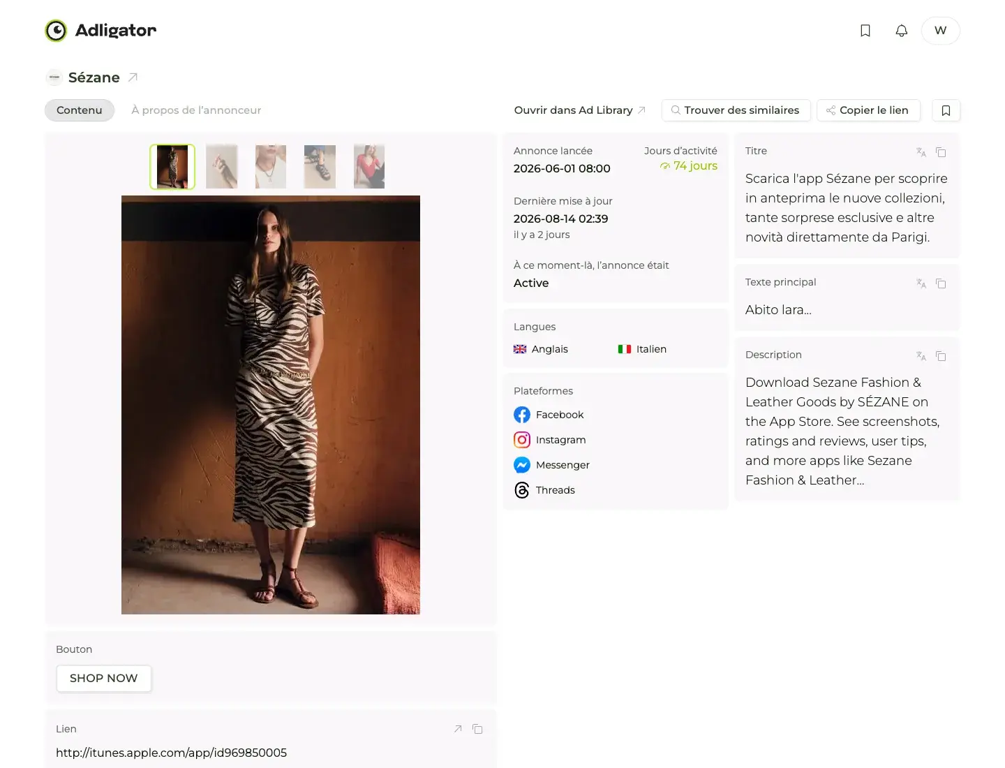 Fiche Adligator d'une publicité DPA Sézane en italien menant vers l'App Store