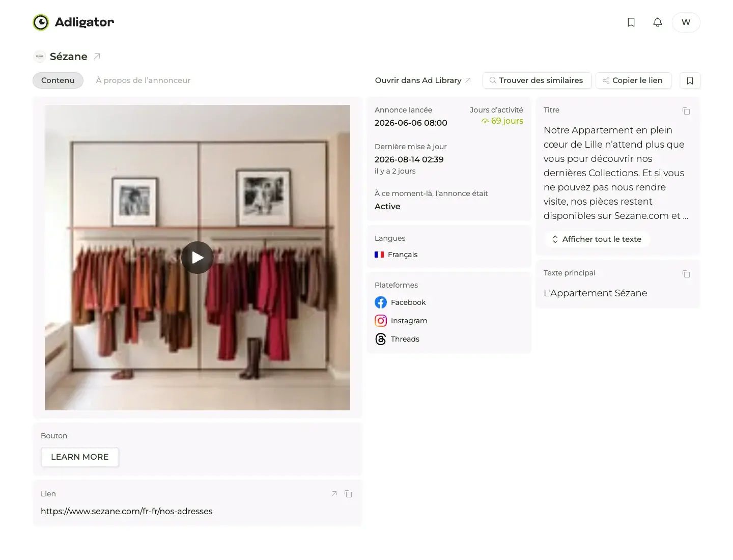 Fiche Adligator de la publicité vidéo de L'Appartement Sézane de Lille