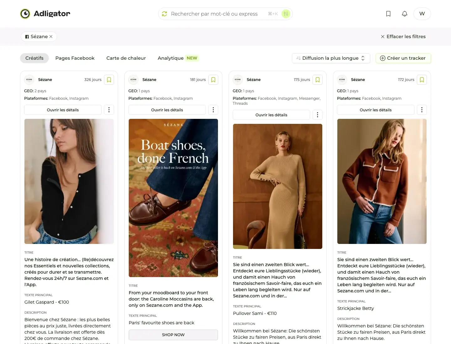 Résultats Adligator de la page Sézane triés par durée de diffusion la plus longue
