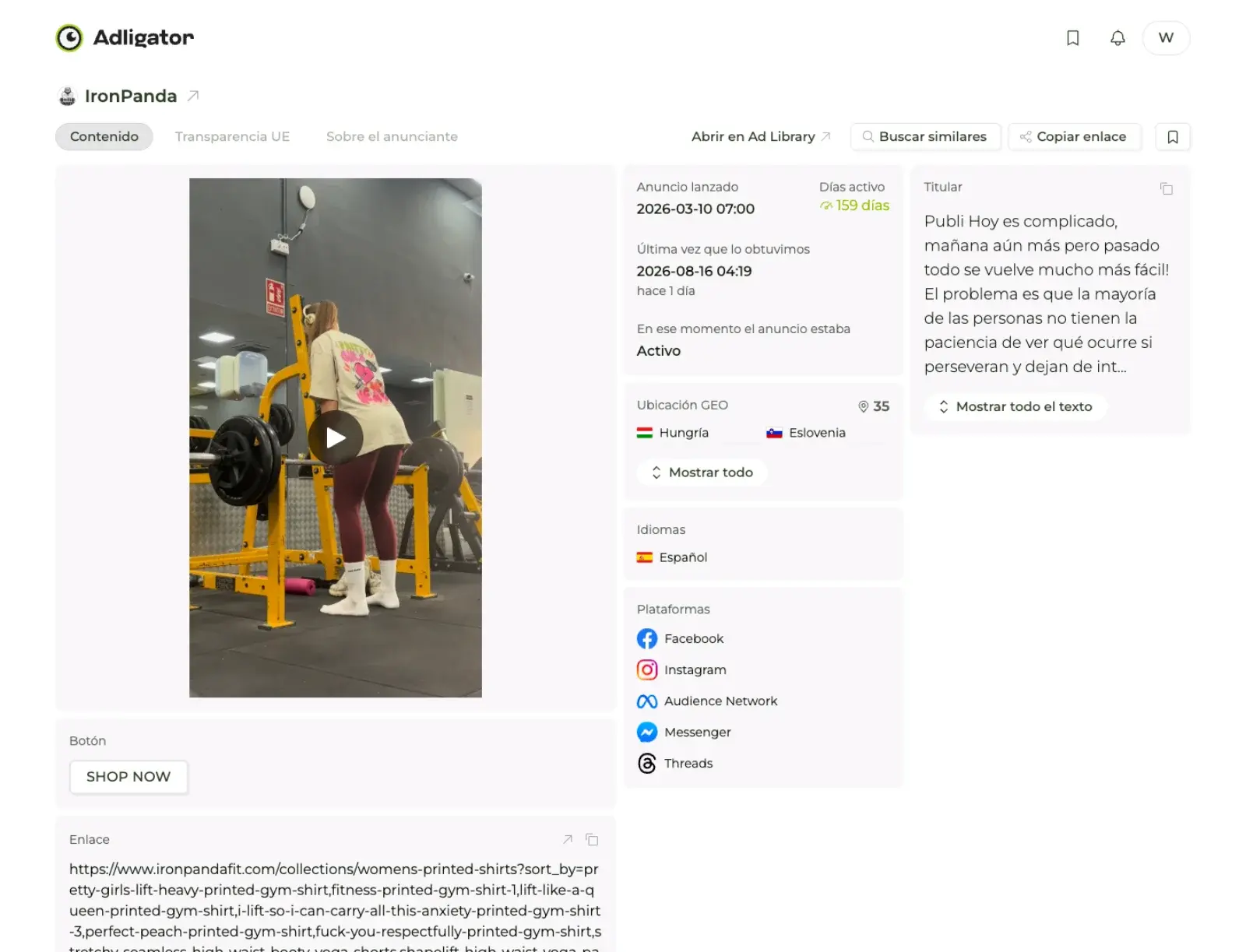 Detalle del anuncio de IronPanda en Adligator: video UGC con 159 días activo, 35 países y botón Shop Now
