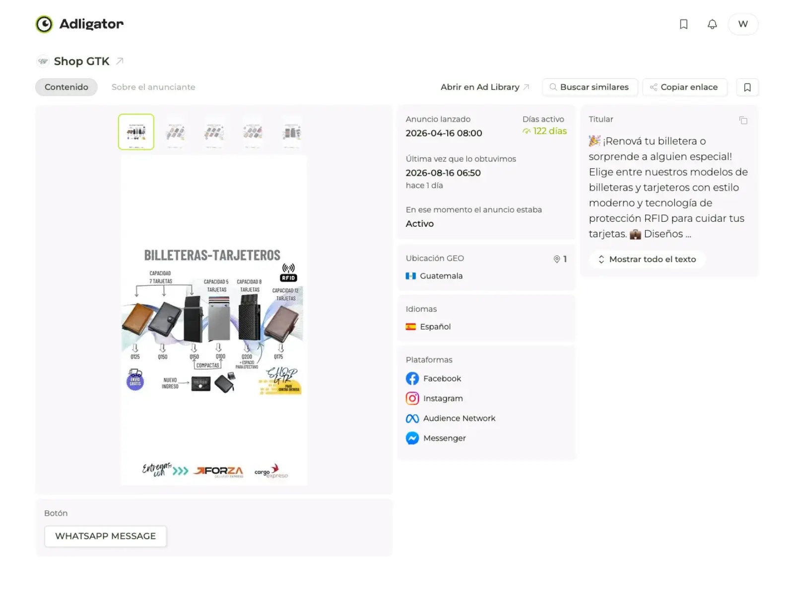Detalle del anuncio de Shop GTK en Adligator: anuncio multi-imagen de billeteras RFID con 122 días activo en Guatemala