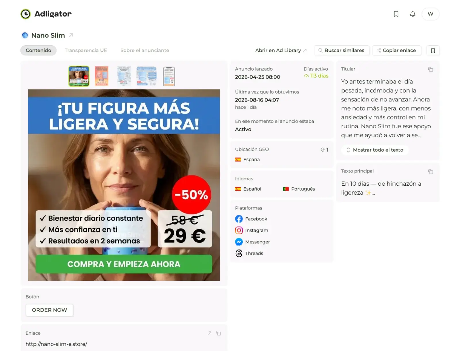 Detalle del anuncio de Nano Slim en Adligator: DPA de 6 tarjetas con 113 días activo en España