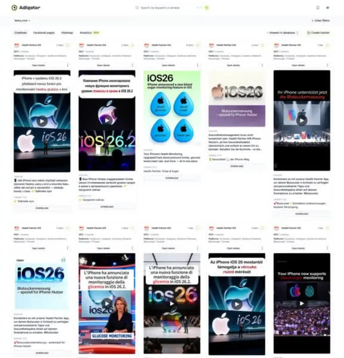 Adligator dashboard showing search results grid with competitor ad creatives, filter options, and sorting controls