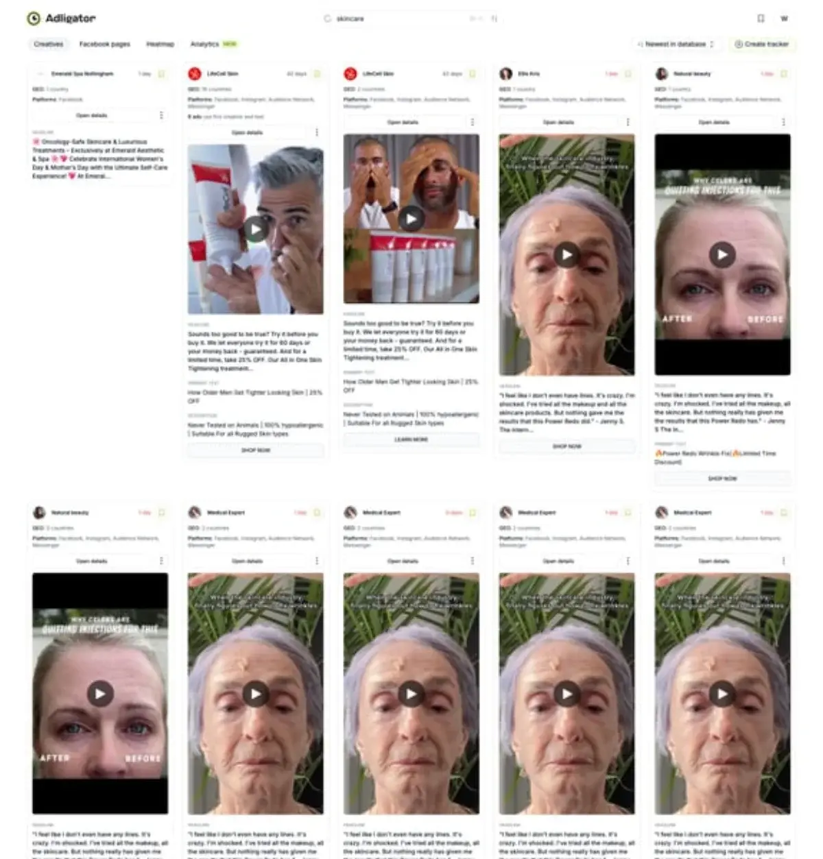 Adligator search results showing competitor ads with longevity and placement data for benchmark analysis