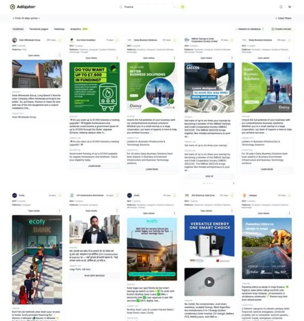 Adligator dashboard with filters applied showing competitor ads in a specific industry vertical with days active and geo data visible