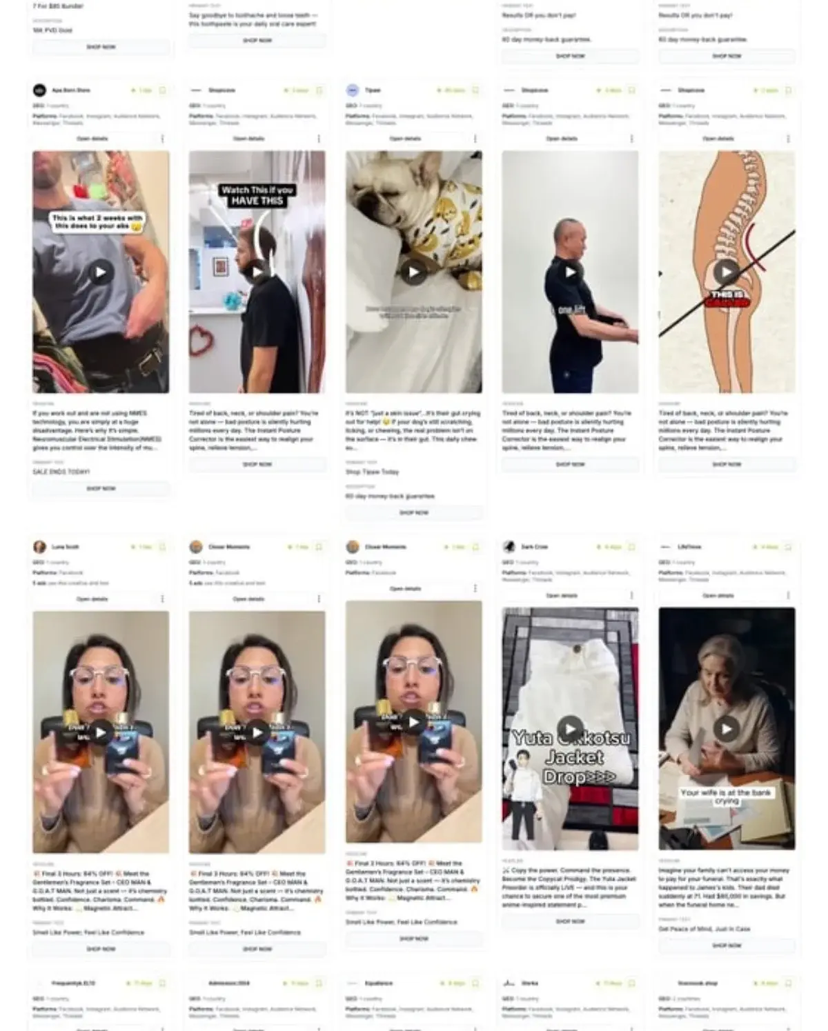 Adligator dashboard showing search results for shopping ads with Shop Now CTA button filter applied, displaying competitor eCommerce creatives