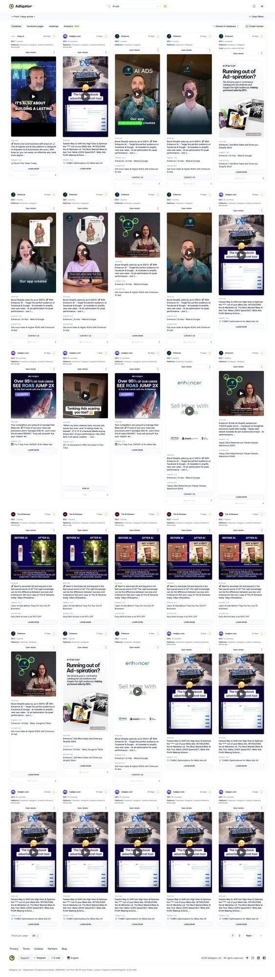 Adligator creative search dashboard showing ad results with filters and sorting options