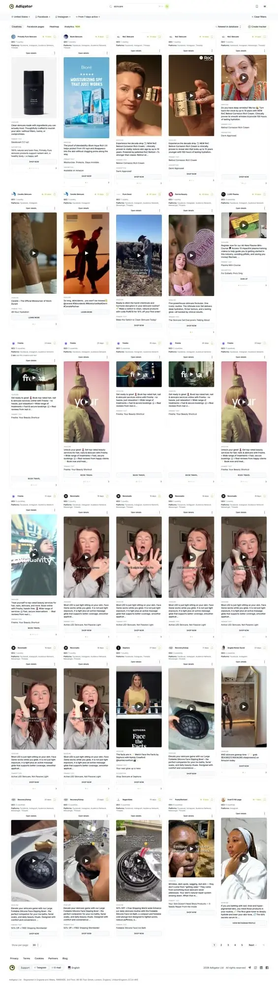 Интерфейс Adligator с фильтрами по GEO и языку текста для анализа таргетинга конкурентов