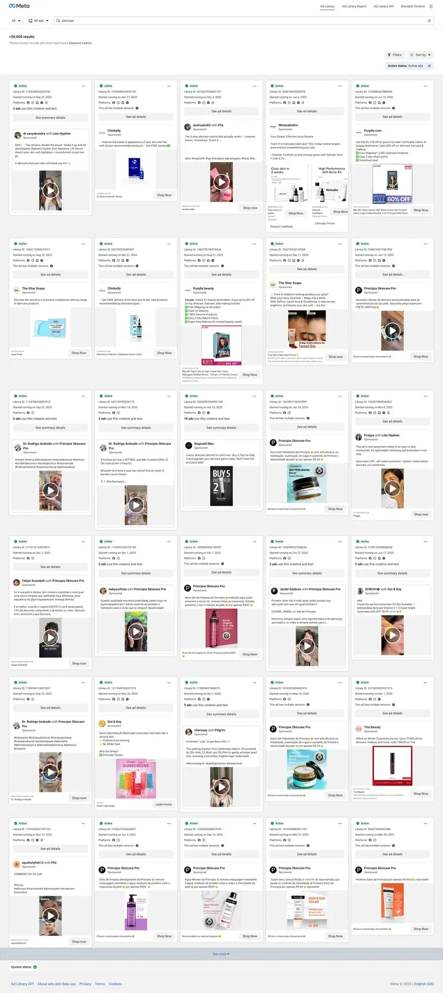 Интерфейс Meta Ad Library с результатами поиска по запросу skincare