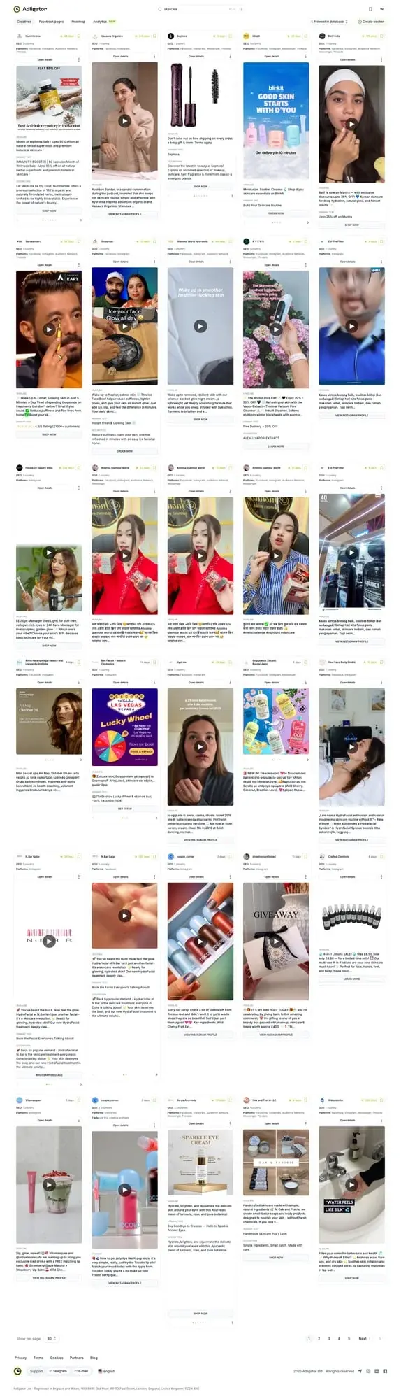 Интерфейс фильтров Adligator с фильтрацией по домену для поиска прелендингов конкурентов