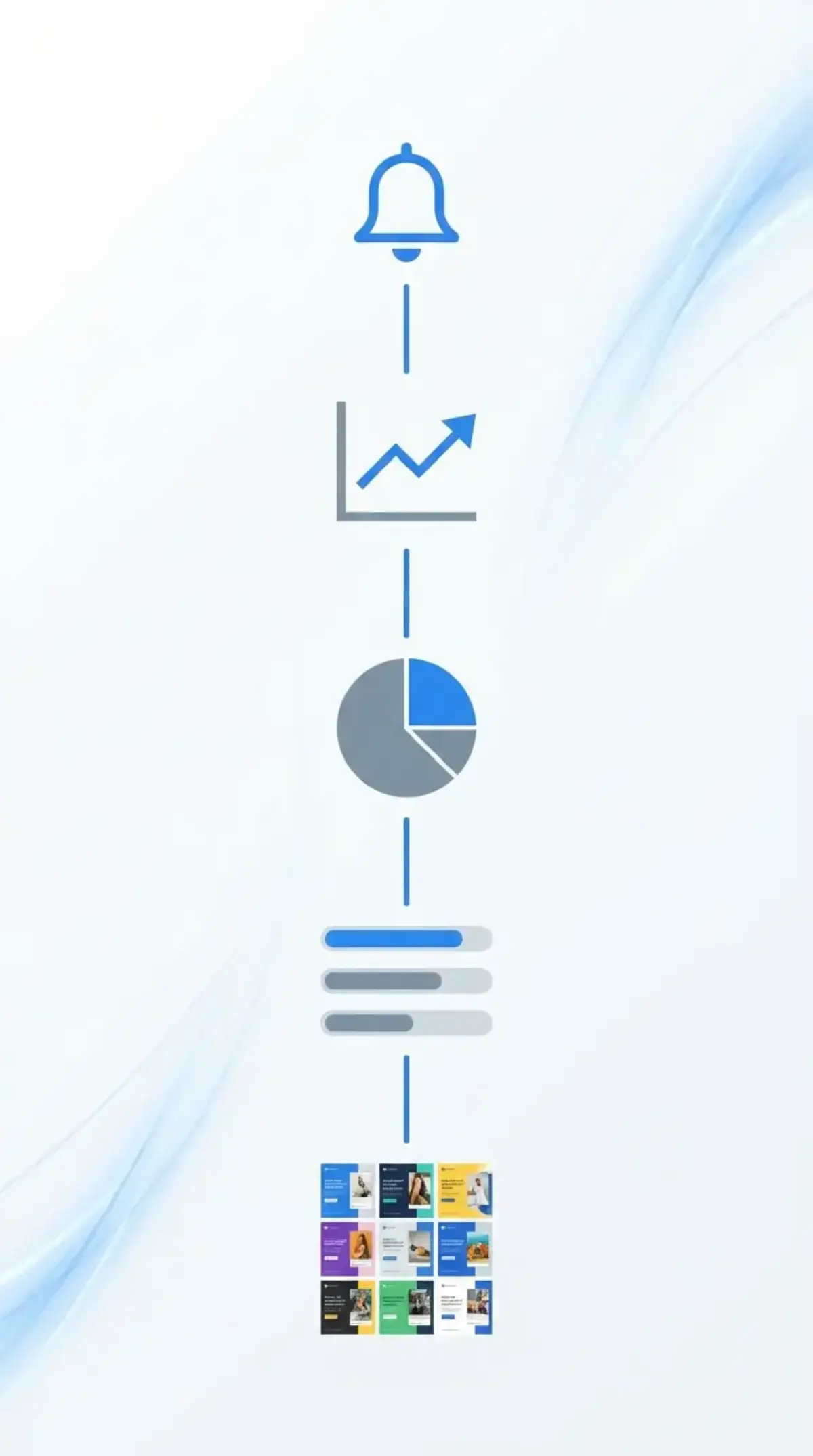 Визуальный утренний чеклист медиабайера с иконками для каждого шага проверки: уведомления, метрики, бюджет, доставка и креативы