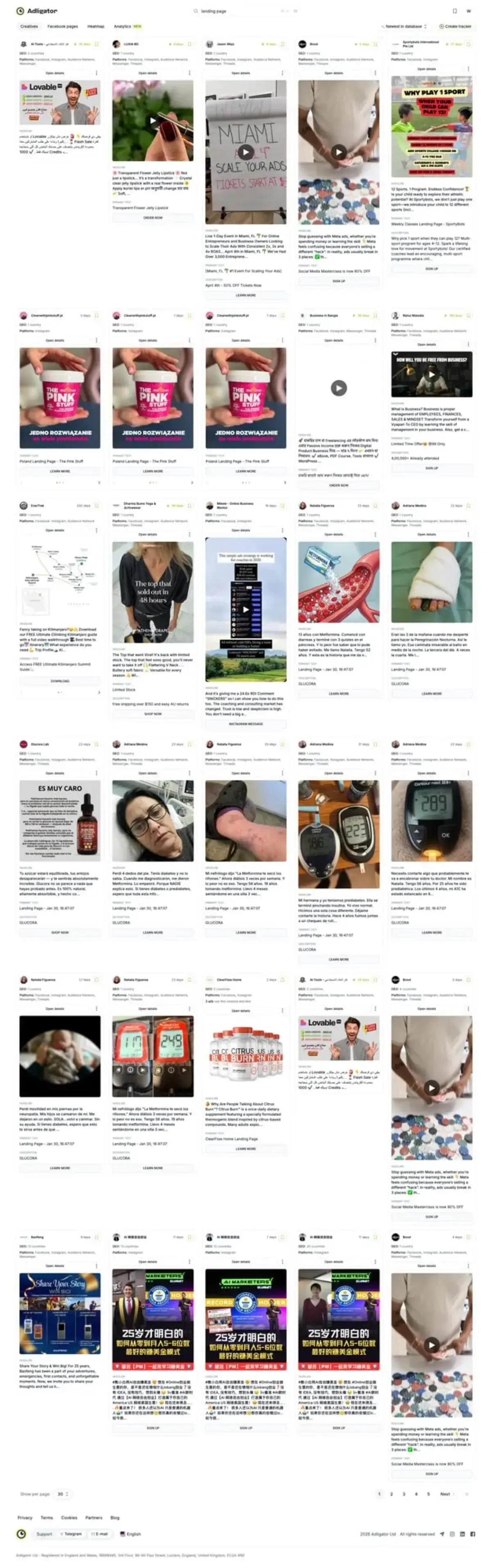 Пошук рекламних креативів конкурентів у Adligator для аналізу лендингів та рекламних підходів