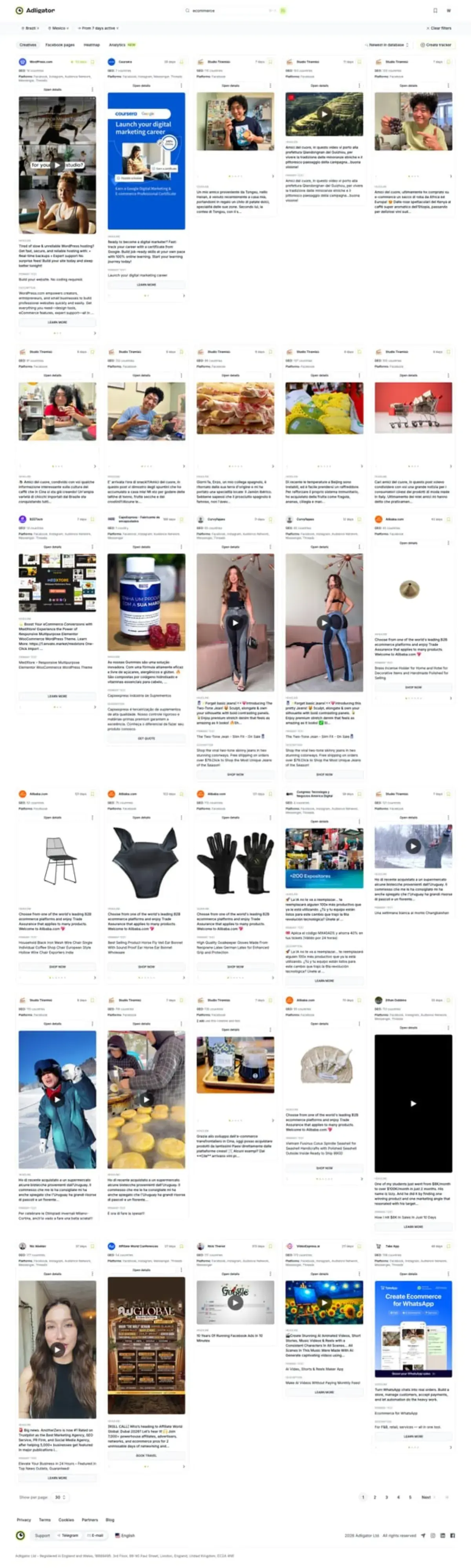 Adligator dashboard with GEO filter active showing competitor ads running in specific countries