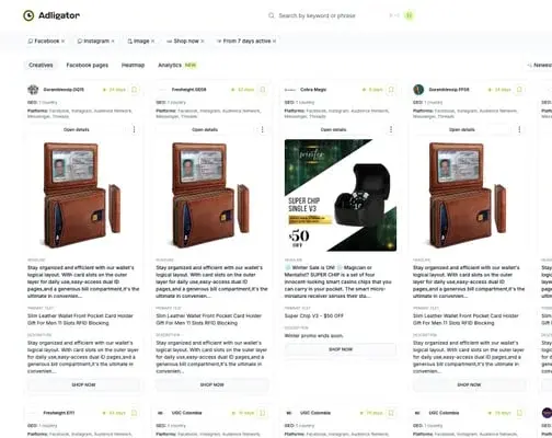 Результаты поиска Adligator: карточки рекламных креативов интернет-магазинов с данными о длительности и гео