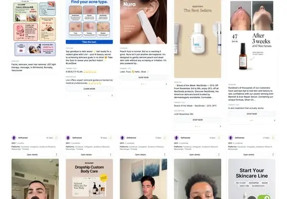 Поиск лендингов конкурентов через Adligator — карточки креативов с ссылками на посадочные страницы