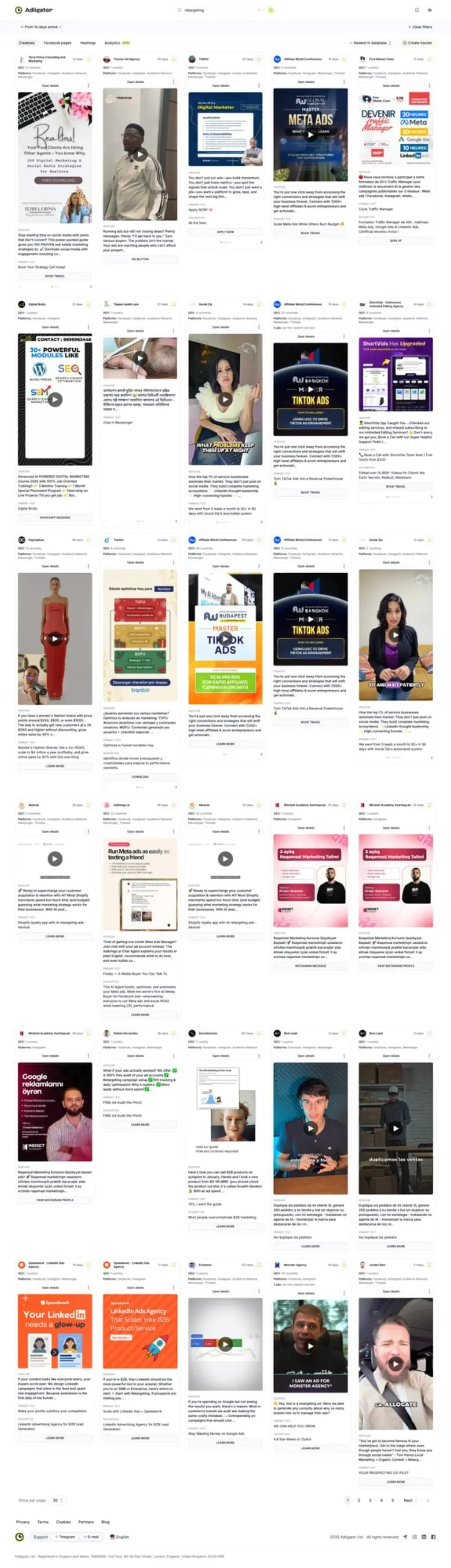 Adligator dashboard filtered by days active showing competitor retargeting ad creatives and their longevity