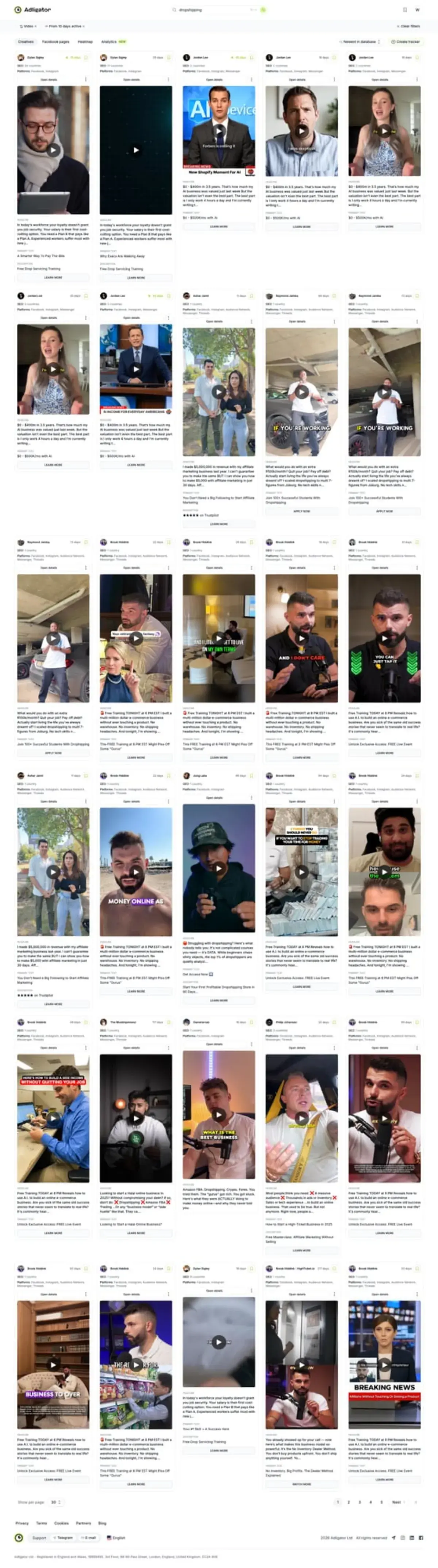 Интерфейс Adligator с фильтрами по нише показывающий рекламные креативы конкурентов отсортированные по длительности показа