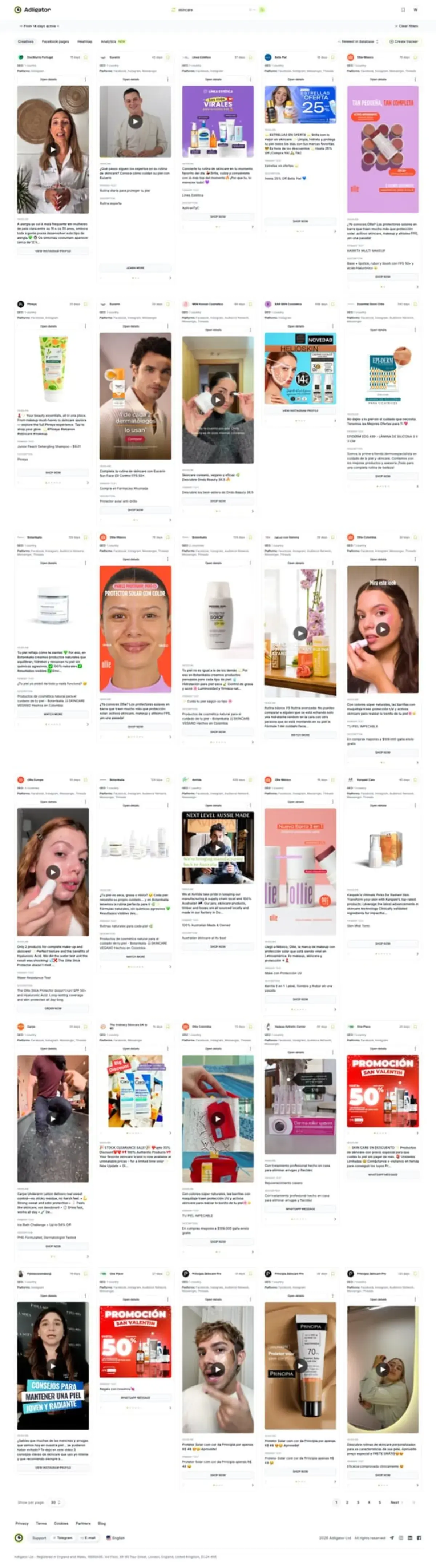 Adligator dashboard showing competitor ad creatives sorted by days active for pre-test research