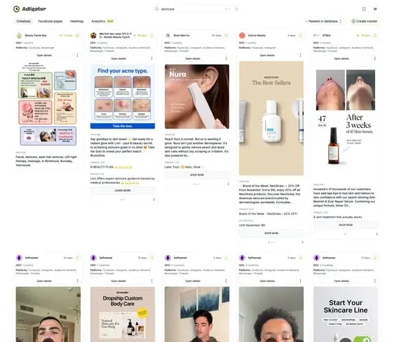 Панель поиска креативов Adligator с фильтрами по гео, платформе и дате создания