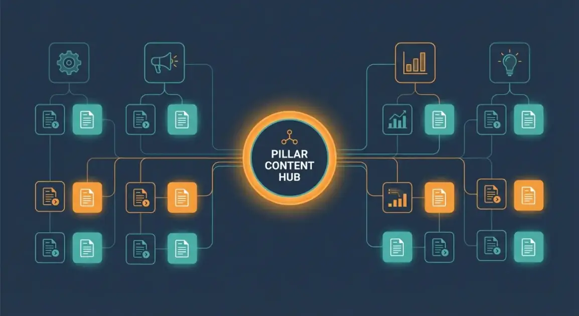 Content cluster diagram showing pillar page and supporting articles organized by vertical