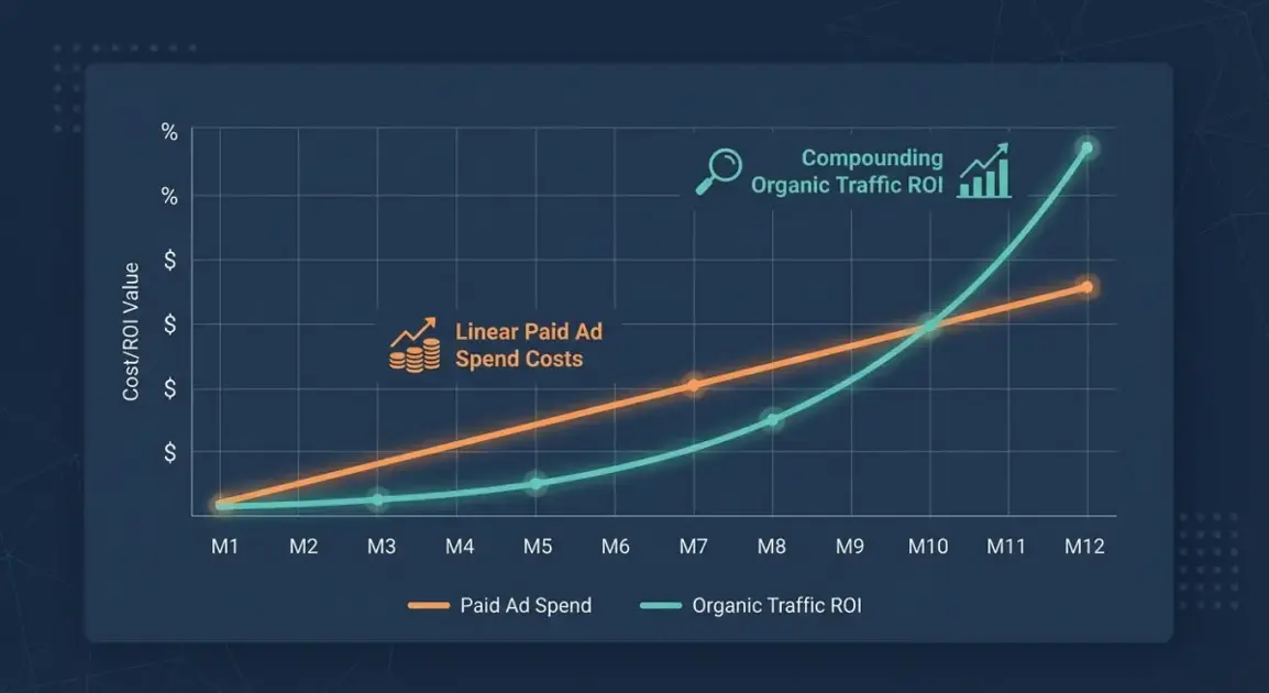 Chart comparing linear paid ad spend costs versus compounding organic traffic ROI over 12 months