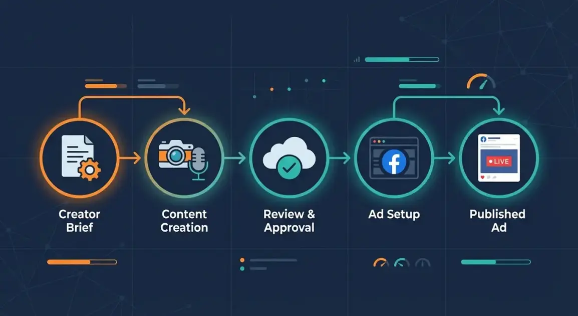 UGC production pipeline diagram from creator brief to published Facebook ad