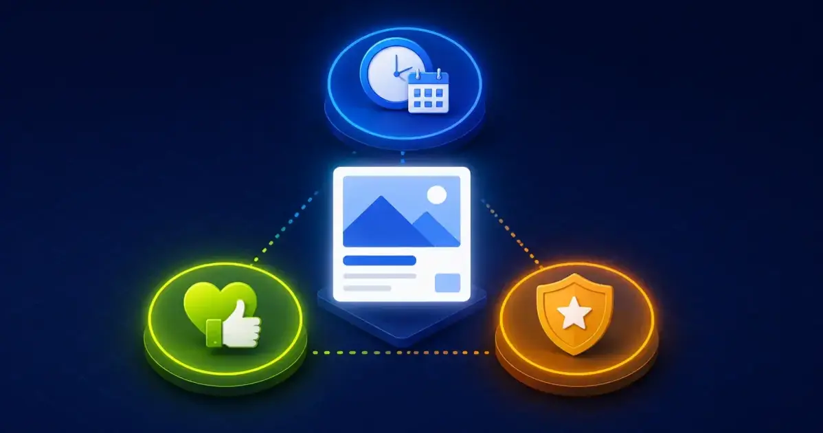 Diagram showing the criteria used to select winning Facebook ads for analysis: longevity, engagement, and creative quality