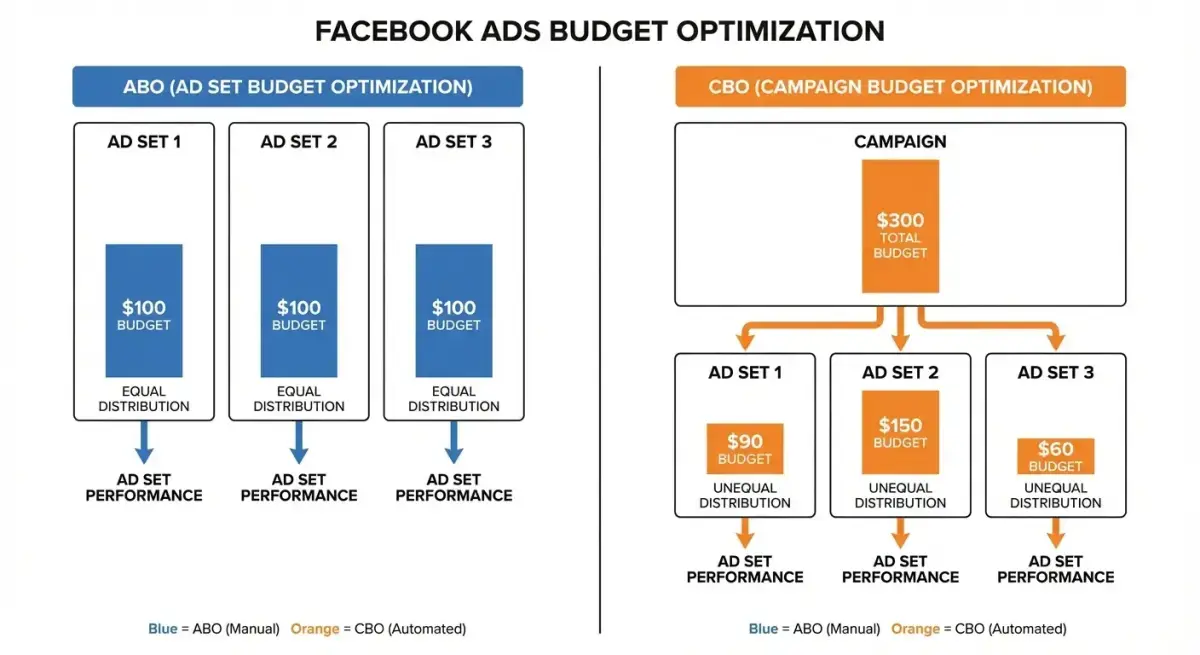 Comparison diagram of CBO vs ABO budget optimization approaches for Facebook ad creative testing
