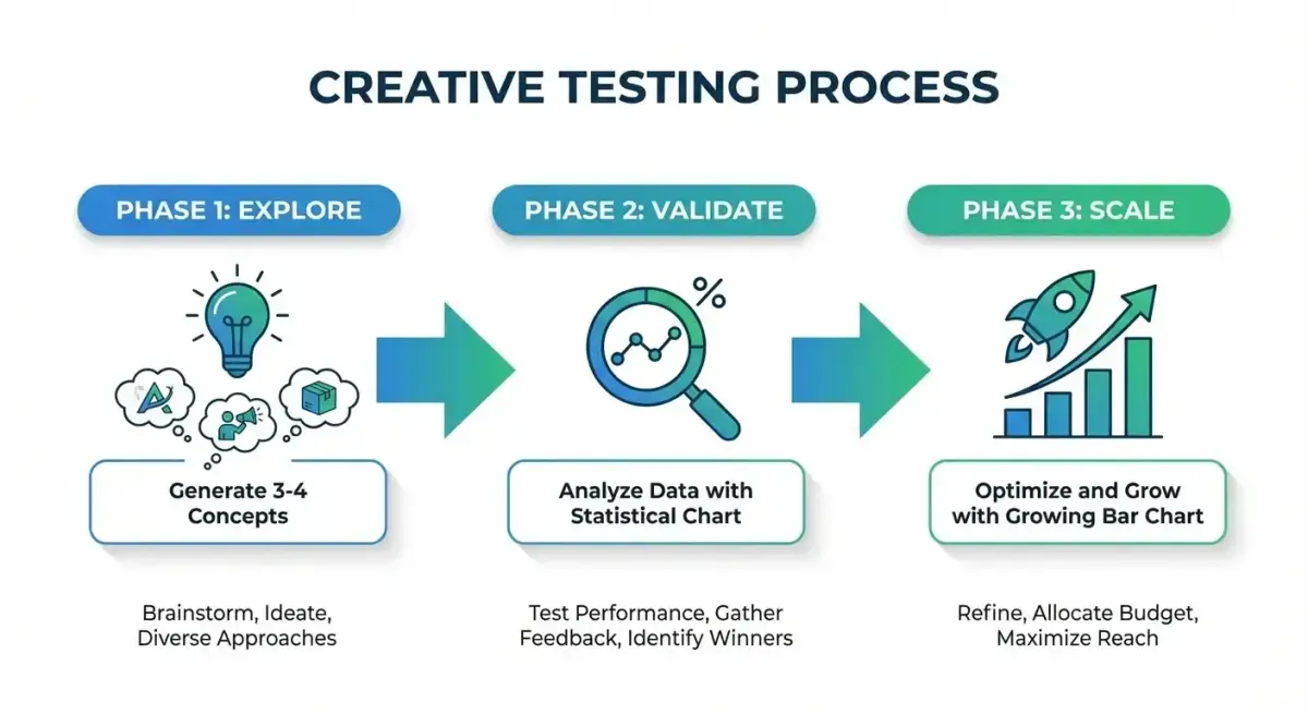 Three-phase creative testing framework diagram: explore, validate, and scale phases with budget allocation