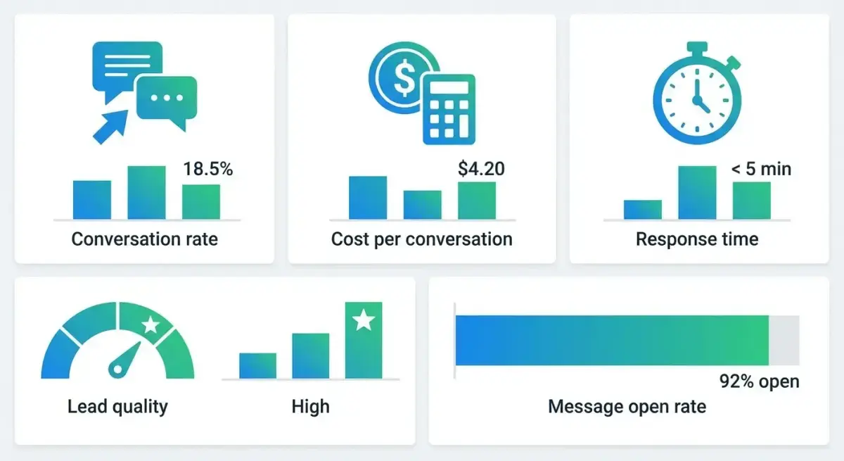 Dashboard showing key performance metrics for click-to-message ads including conversation rate, cost per conversation, and response time
